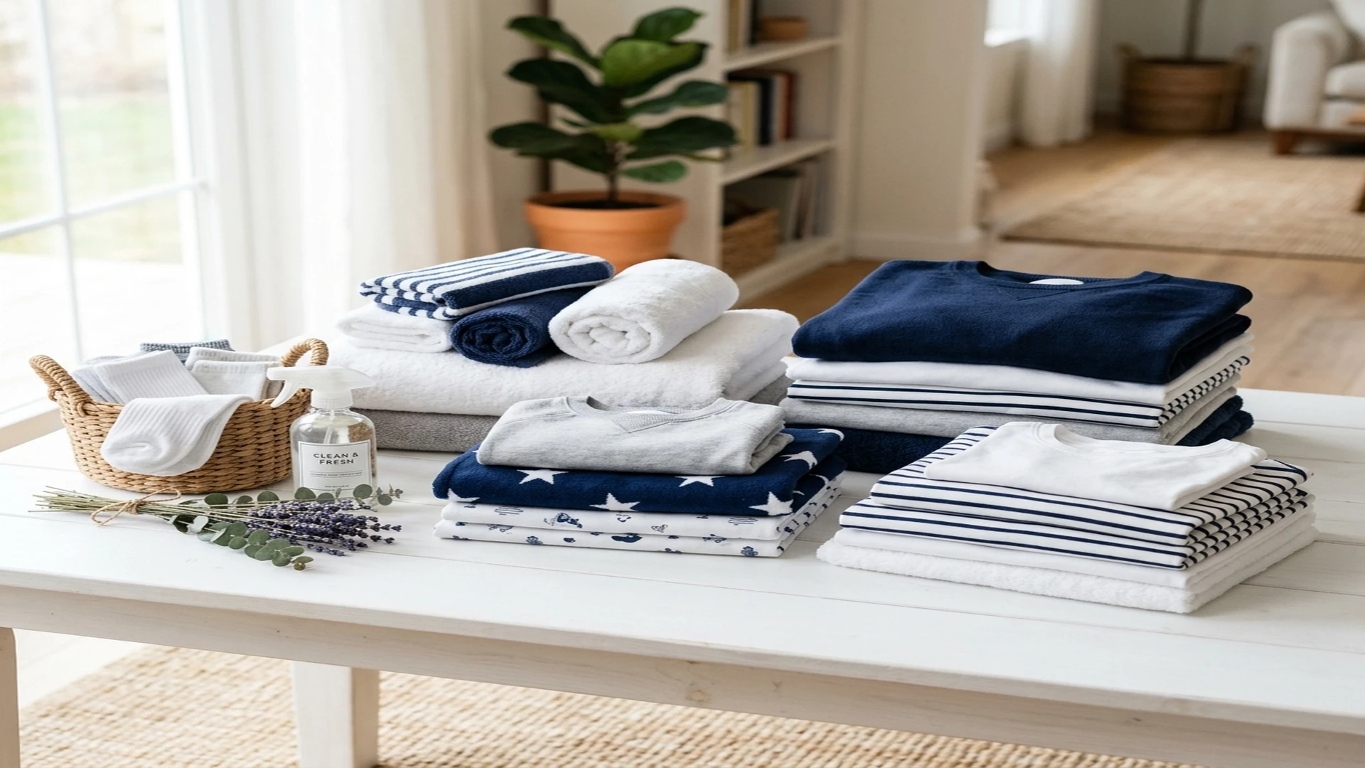 Fresh folded family laundry packed after wash and fold service